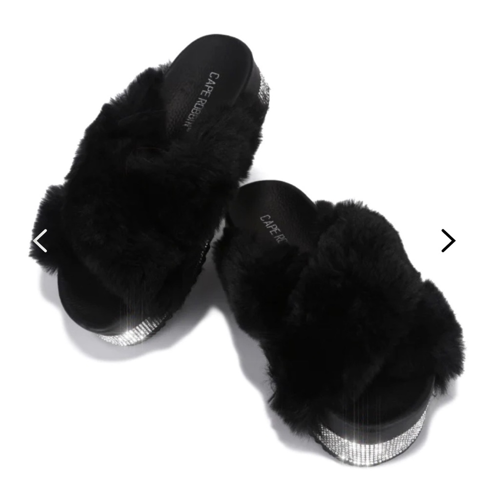 Rhinestone Platform Fur Slides